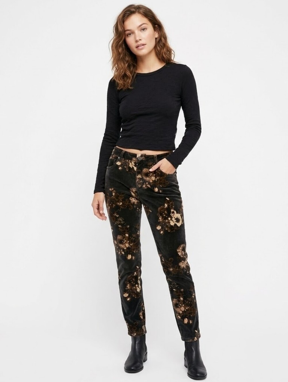 Free People Velvet Floral Skinny Pants in Black Brown Botanical Size 28